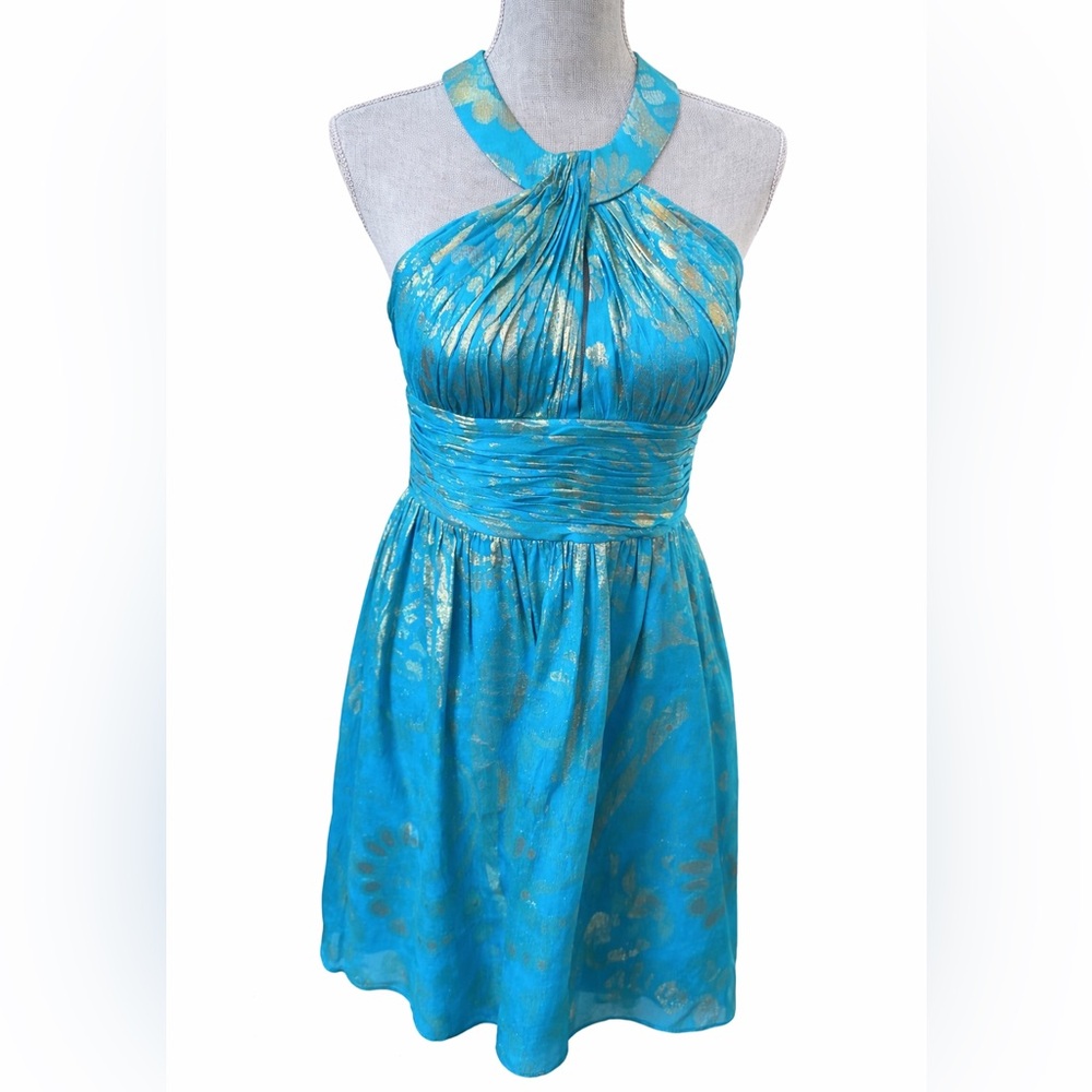 Aidan Mattox Silk Blend Turquoise Gold Halter Cocktail Dress 10